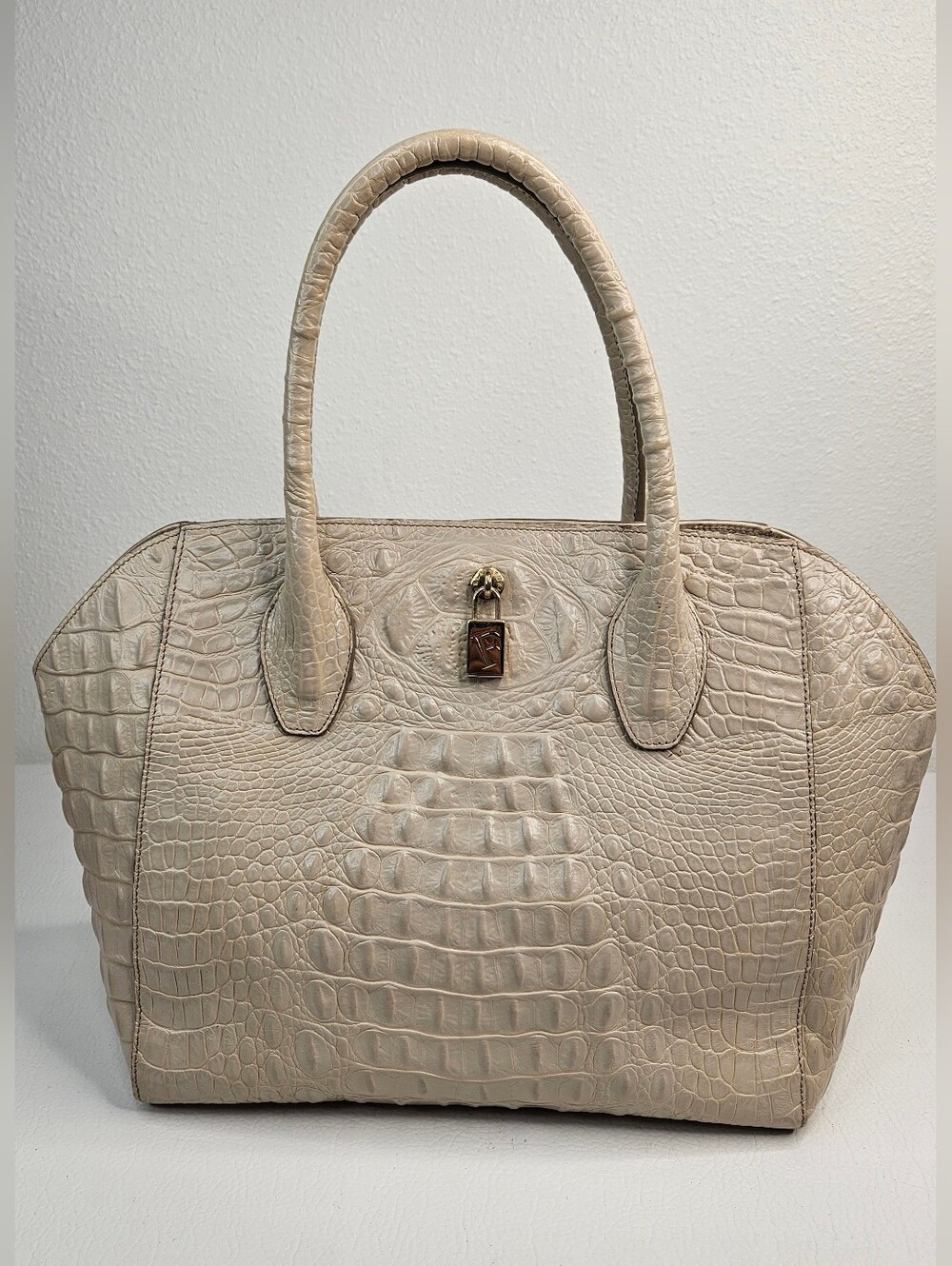 Furla Croc Embossed Leather Dome Satchel Ivory Beige Tote Bag Gold Hardware